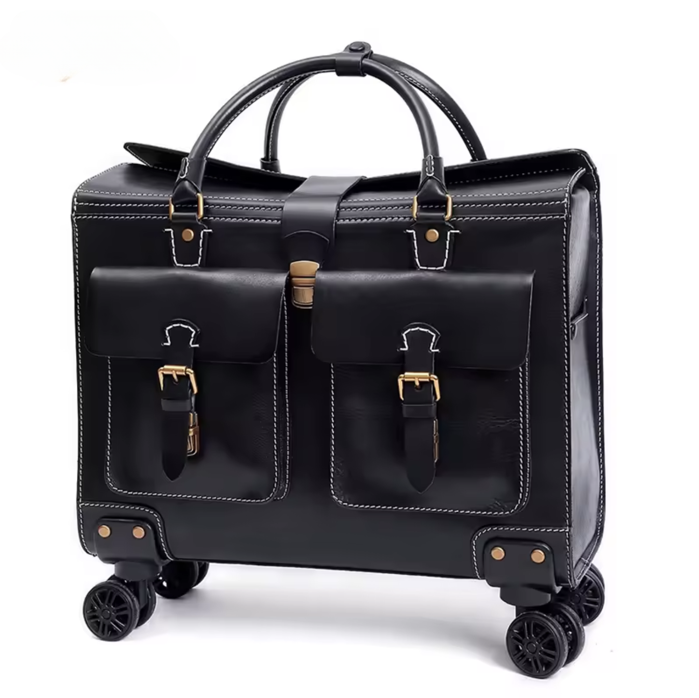 19 Inch Genuine Cowhide Rolling Luggage for Men & Women