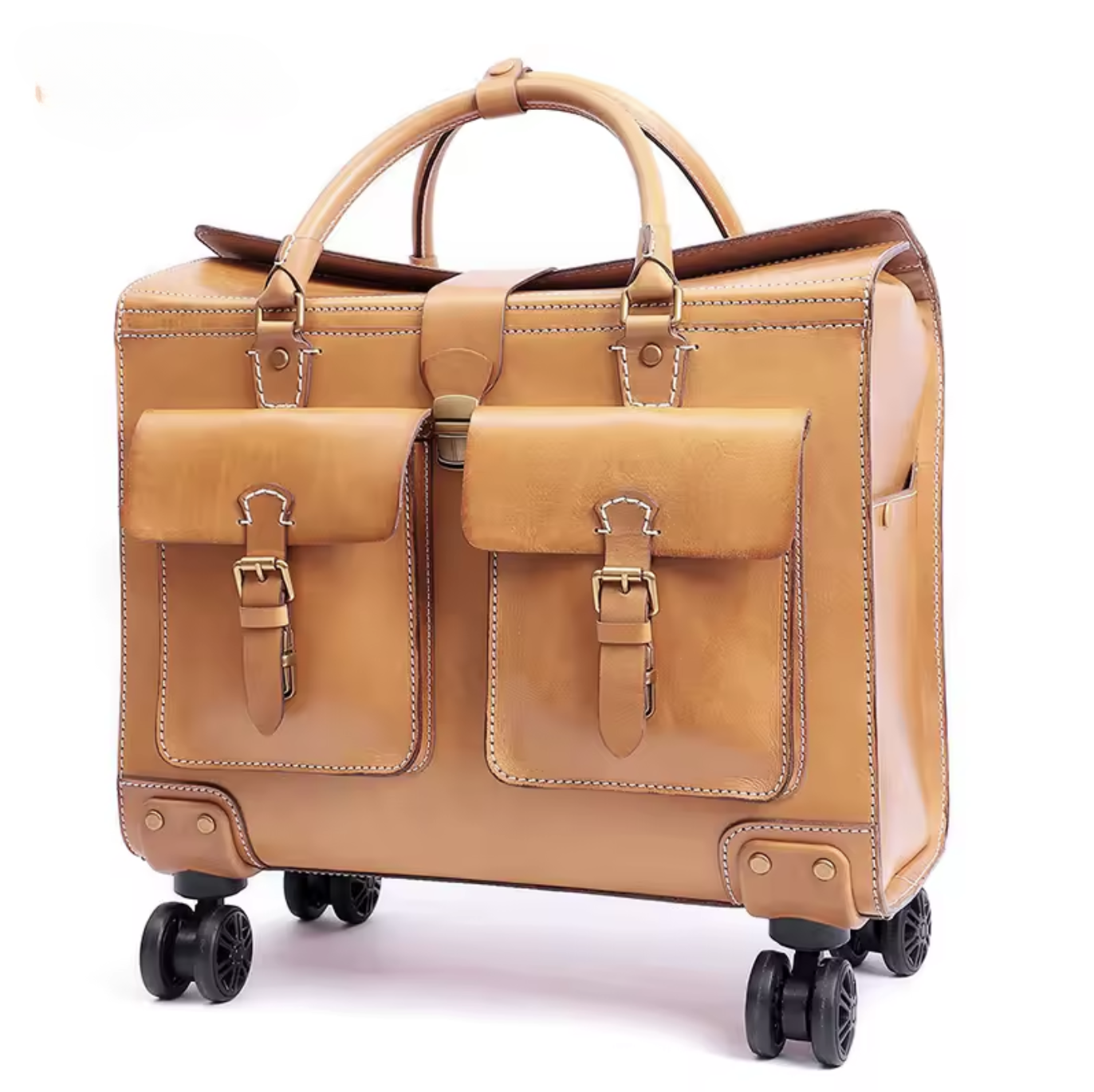 19 Inch Genuine Cowhide Rolling Luggage for Men & Women