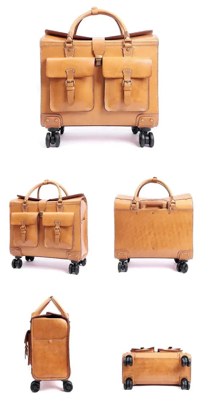 19 Inch Genuine Cowhide Rolling Luggage for Men & Women