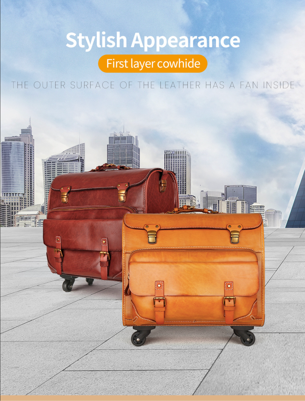 Genuine Leather Trolley Suitcase 20 Inch Cowhide Carry-On Luggage