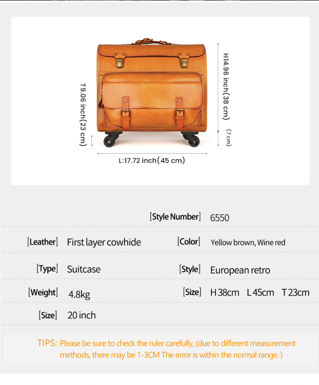 Genuine Leather Trolley Suitcase 20 Inch Cowhide Carry-On Luggage