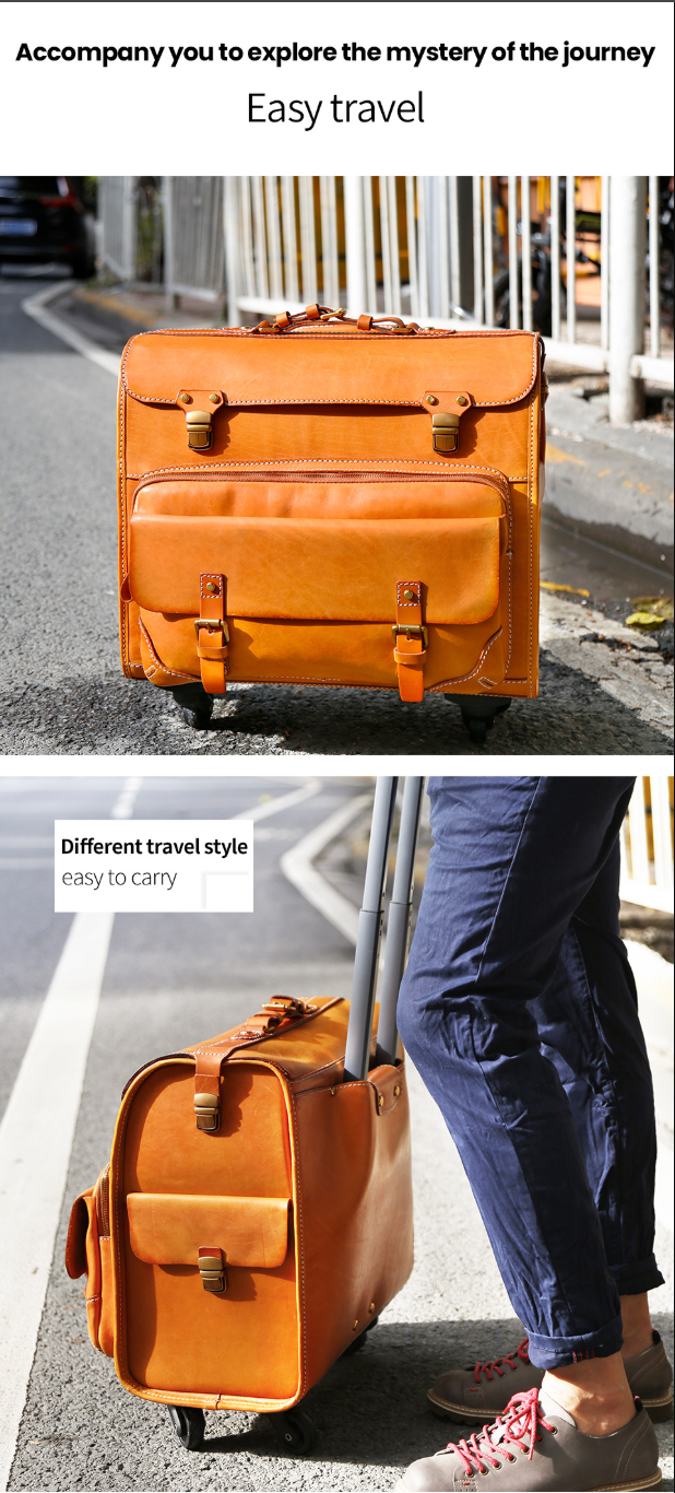 Genuine Leather Trolley Suitcase 20 Inch Cowhide Carry-On Luggage