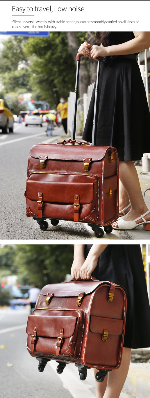 Genuine Leather Trolley Suitcase 20 Inch Cowhide Carry-On Luggage