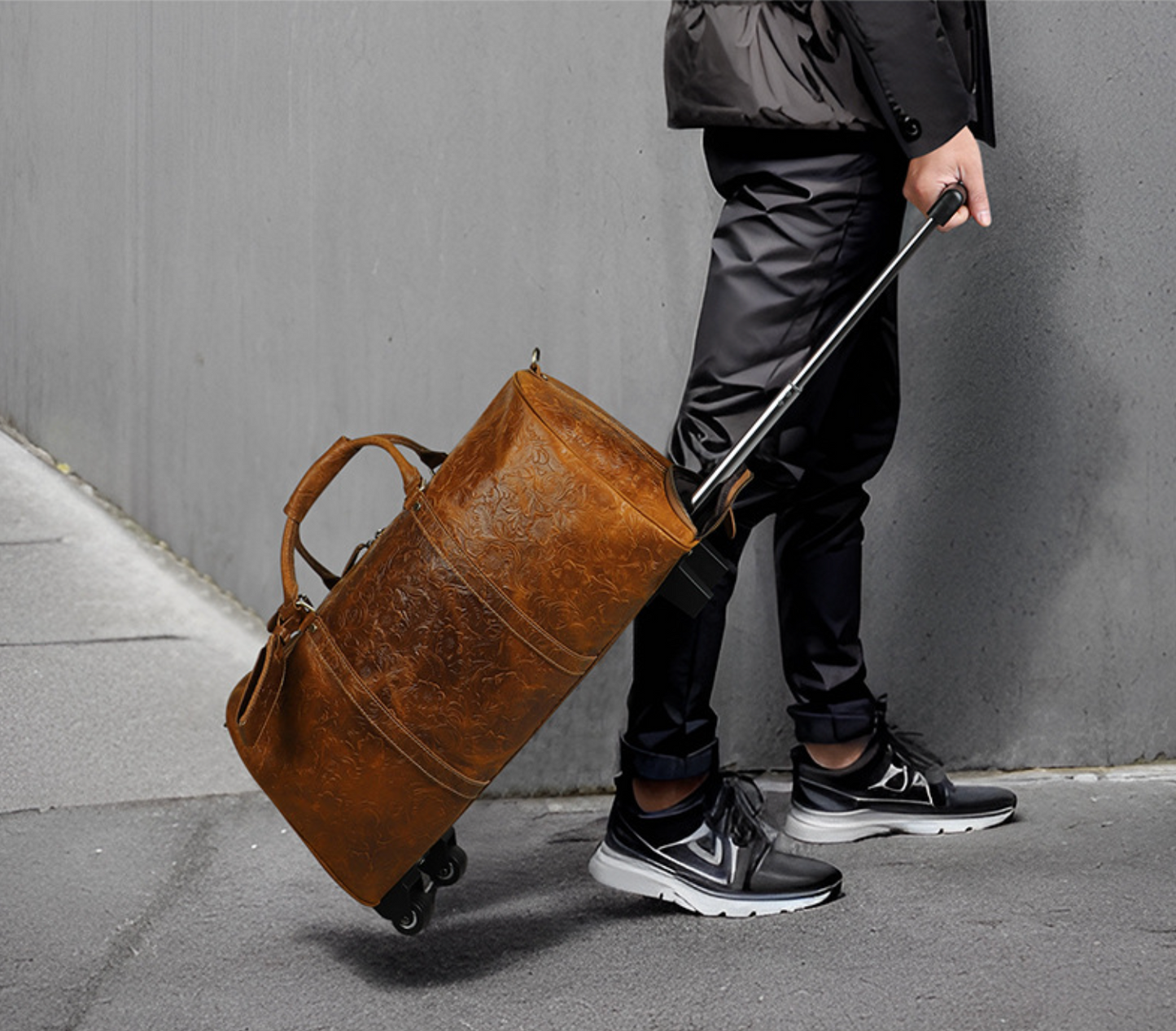 Genuine Leather Trolley Travel Bag Rolling Duffel