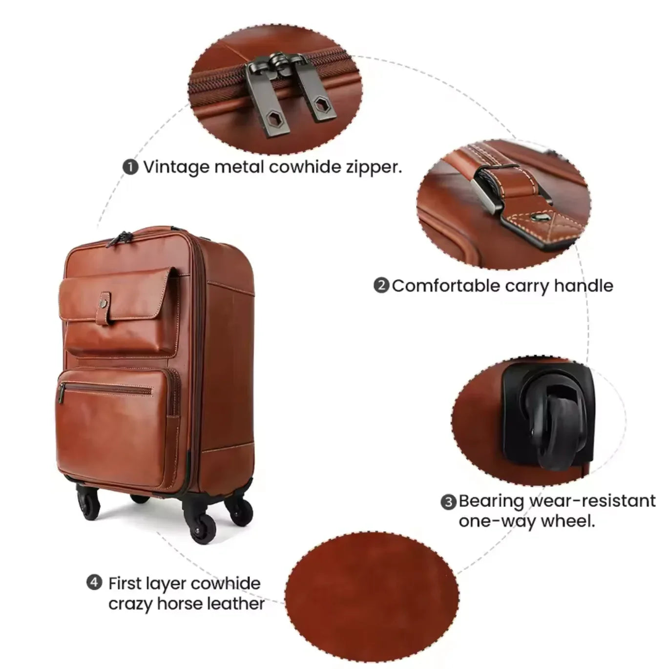 Genuine Leather Spinner Luggage Suitcase for Travel & Business