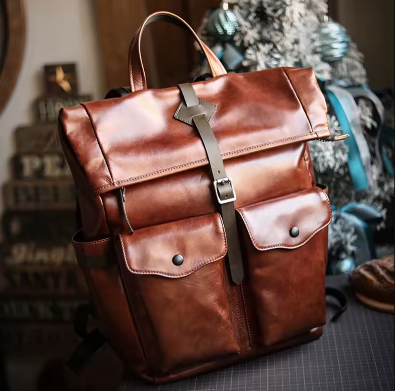 Men's Genuine Cowhide Leather Laptop Roll Top Rucksack