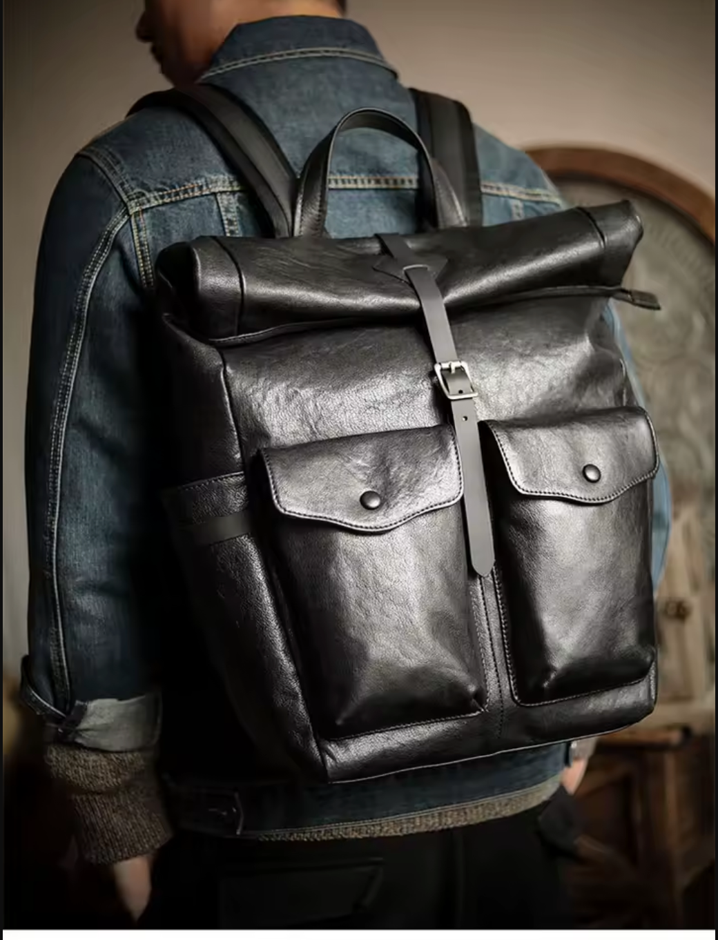 Men's Genuine Cowhide Leather Laptop Roll Top Rucksack