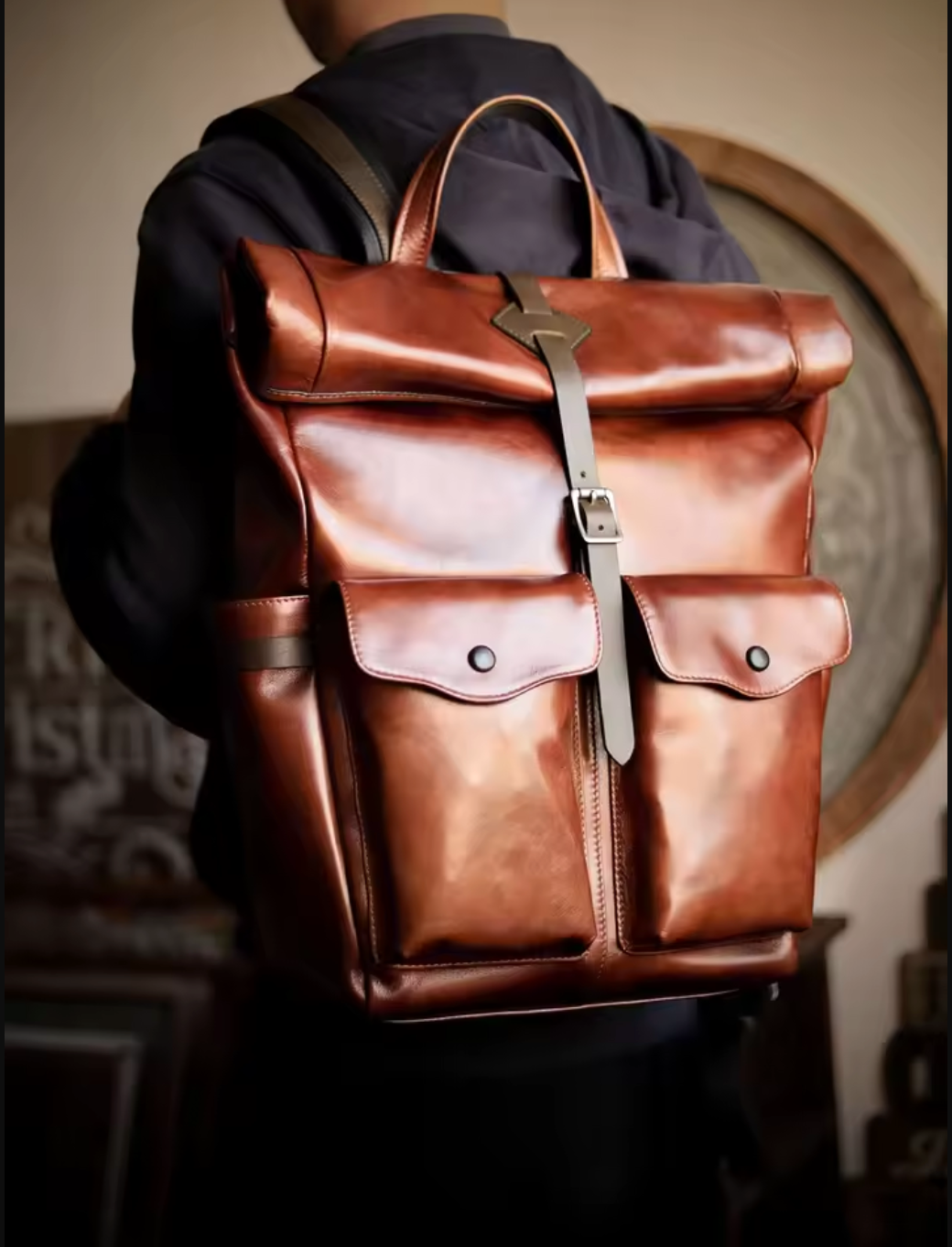 Men's Genuine Cowhide Leather Laptop Roll Top Rucksack