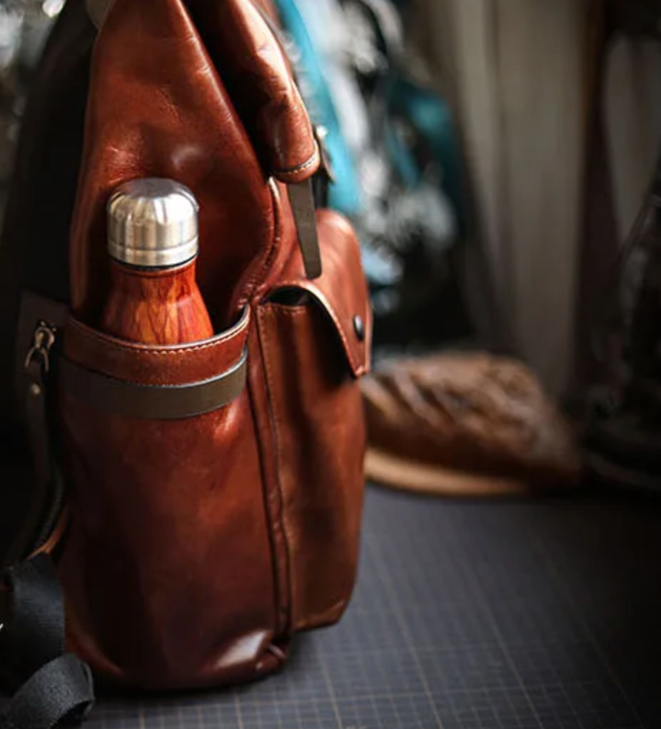 Men's Genuine Cowhide Leather Laptop Roll Top Rucksack