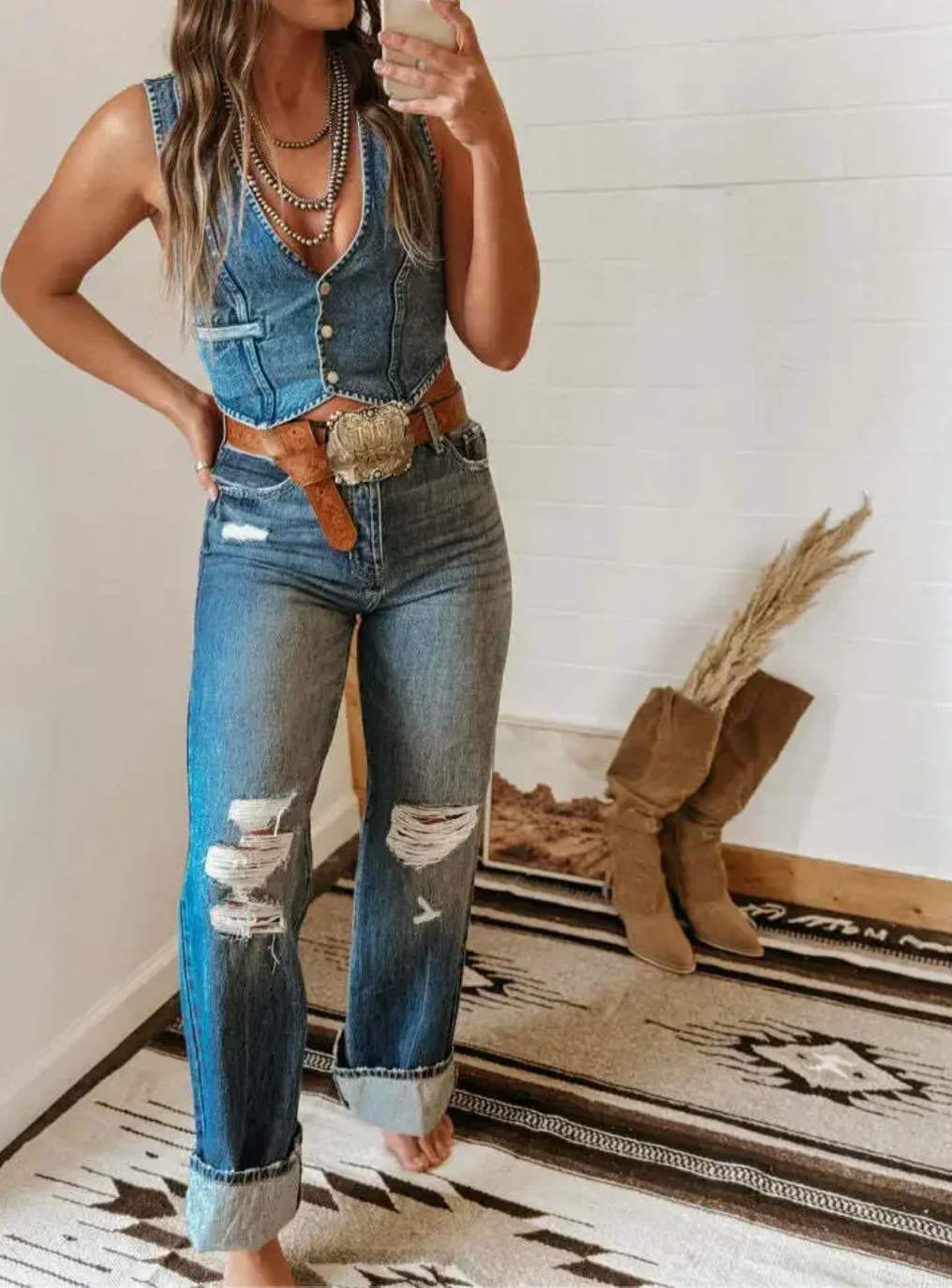 Vintage Denim Sleeveless Western Vest Tank Top