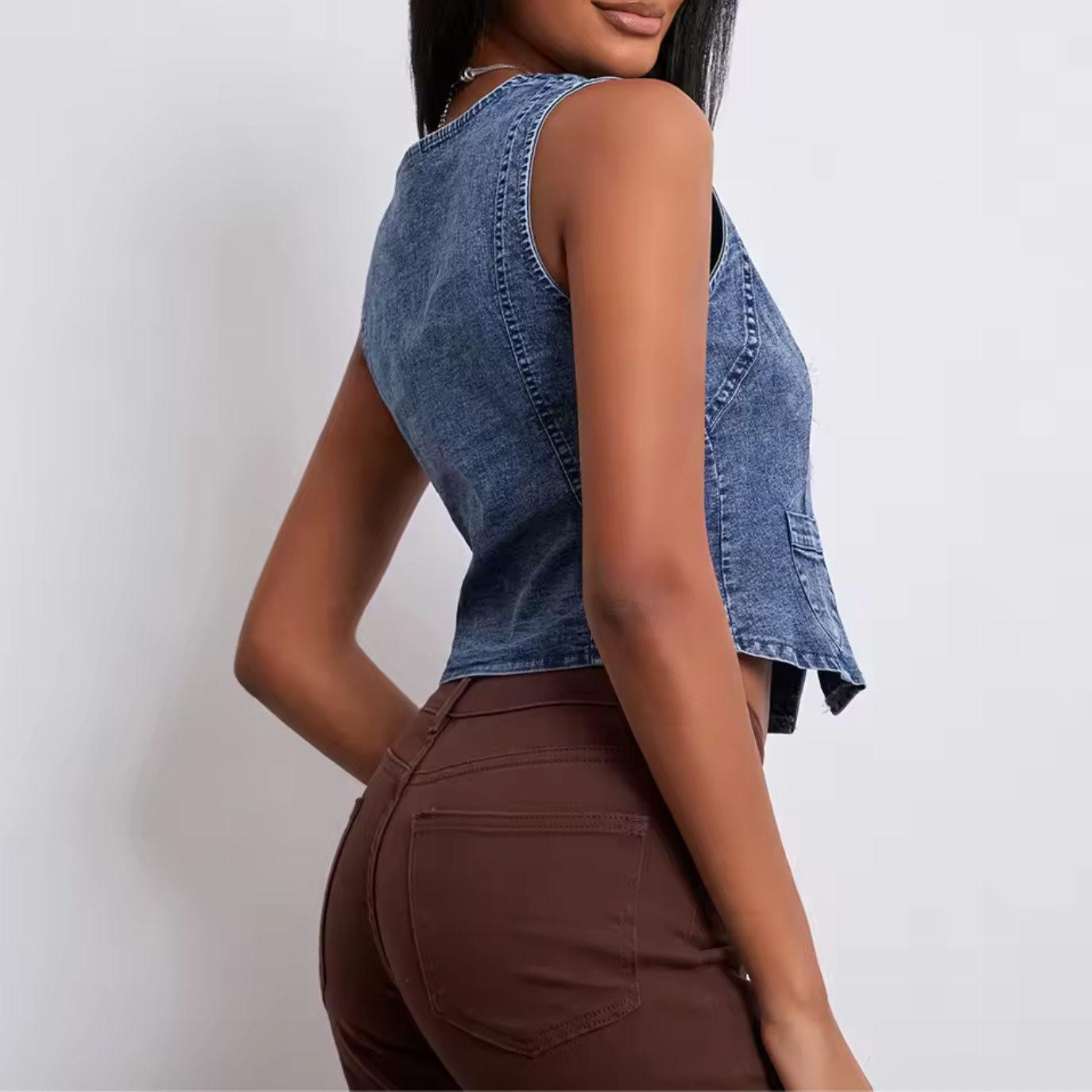 Women Sleeveless Denim Vest Top Deep V Neck