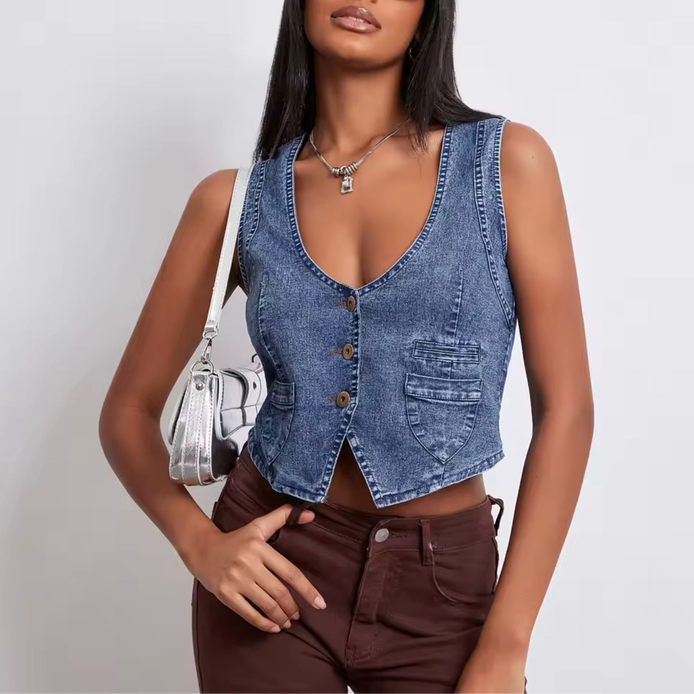 Women Sleeveless Denim Vest Top Deep V Neck