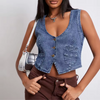 Women Sleeveless Denim Vest Top Deep V Neck