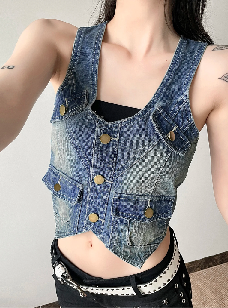 Women’s Cropped Denim Vest Top with Pockets