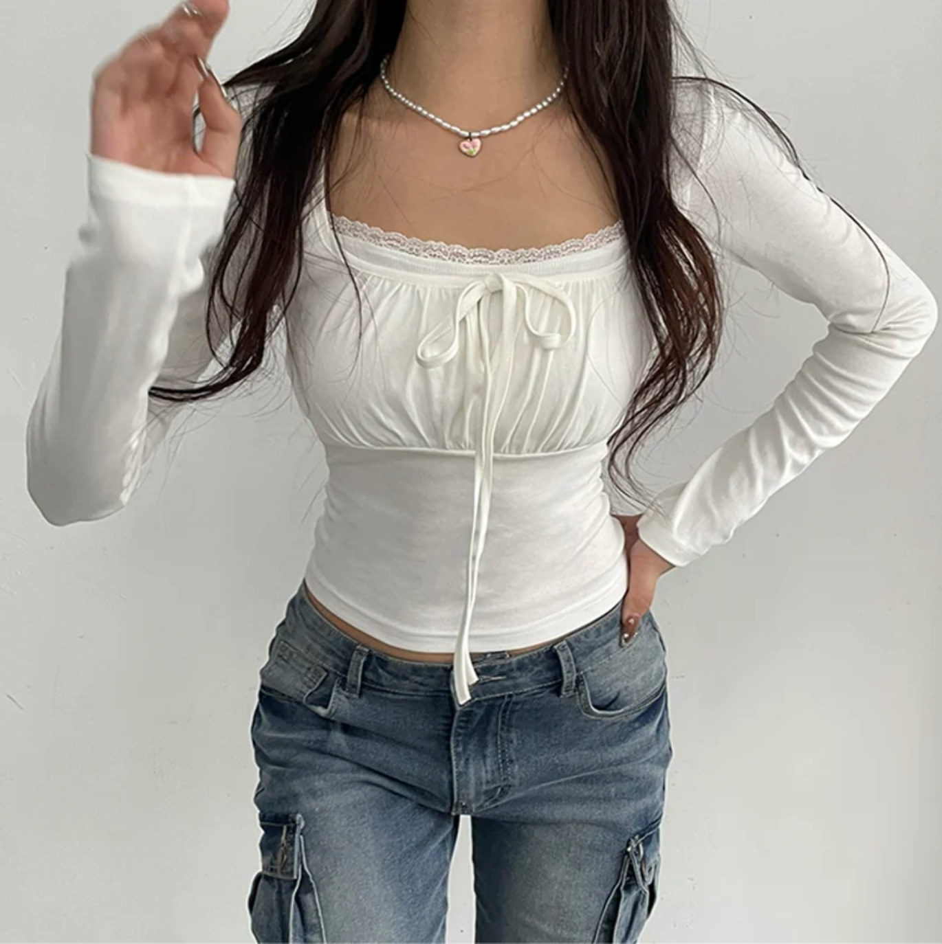 Women Ruched Bust Square Neck Lace Trim Long Sleeve Top