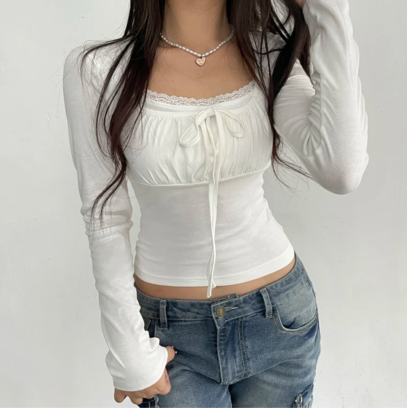 Women Ruched Bust Square Neck Lace Trim Long Sleeve Top