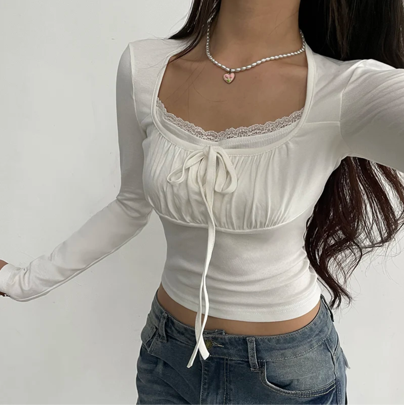 Women Ruched Bust Square Neck Lace Trim Long Sleeve Top