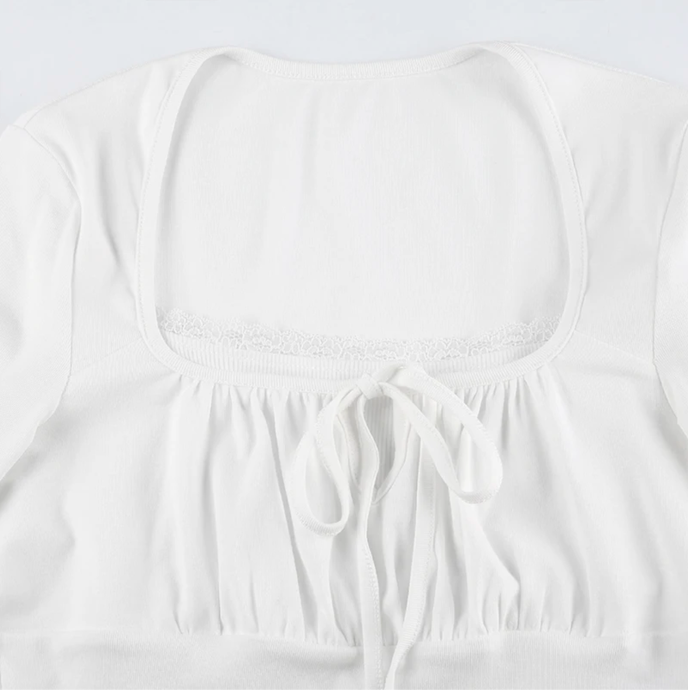Women Ruched Bust Square Neck Lace Trim Long Sleeve Top