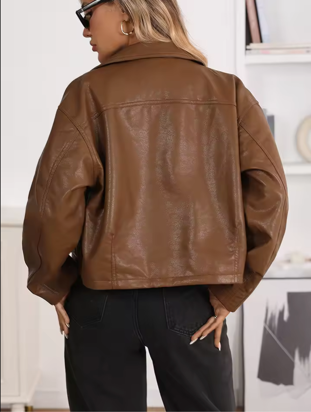Women’s Brown Cropped Faux Leather Bomber Jacket with Flap Pockets