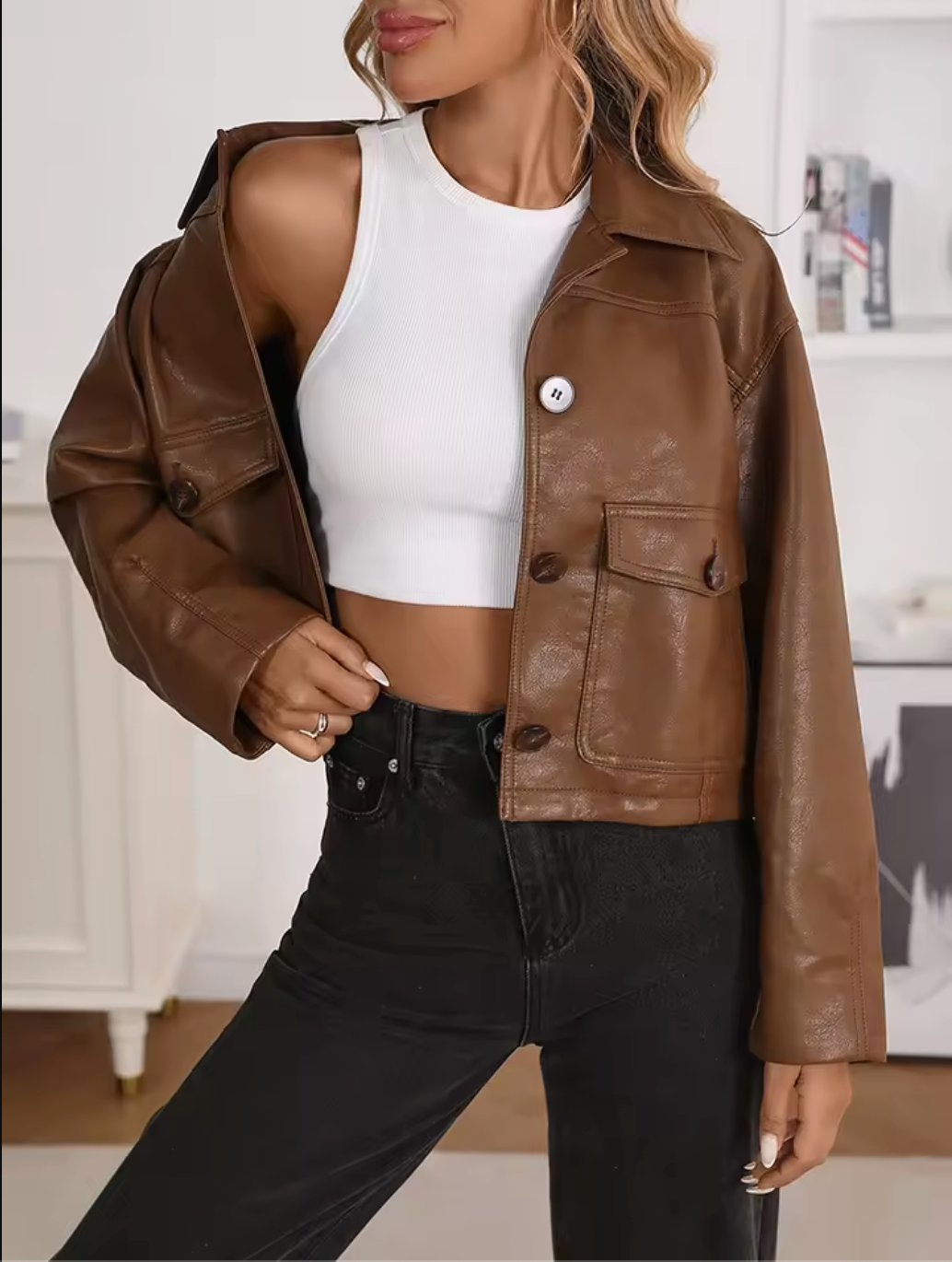 Women’s Brown Cropped Faux Leather Bomber Jacket with Flap Pockets