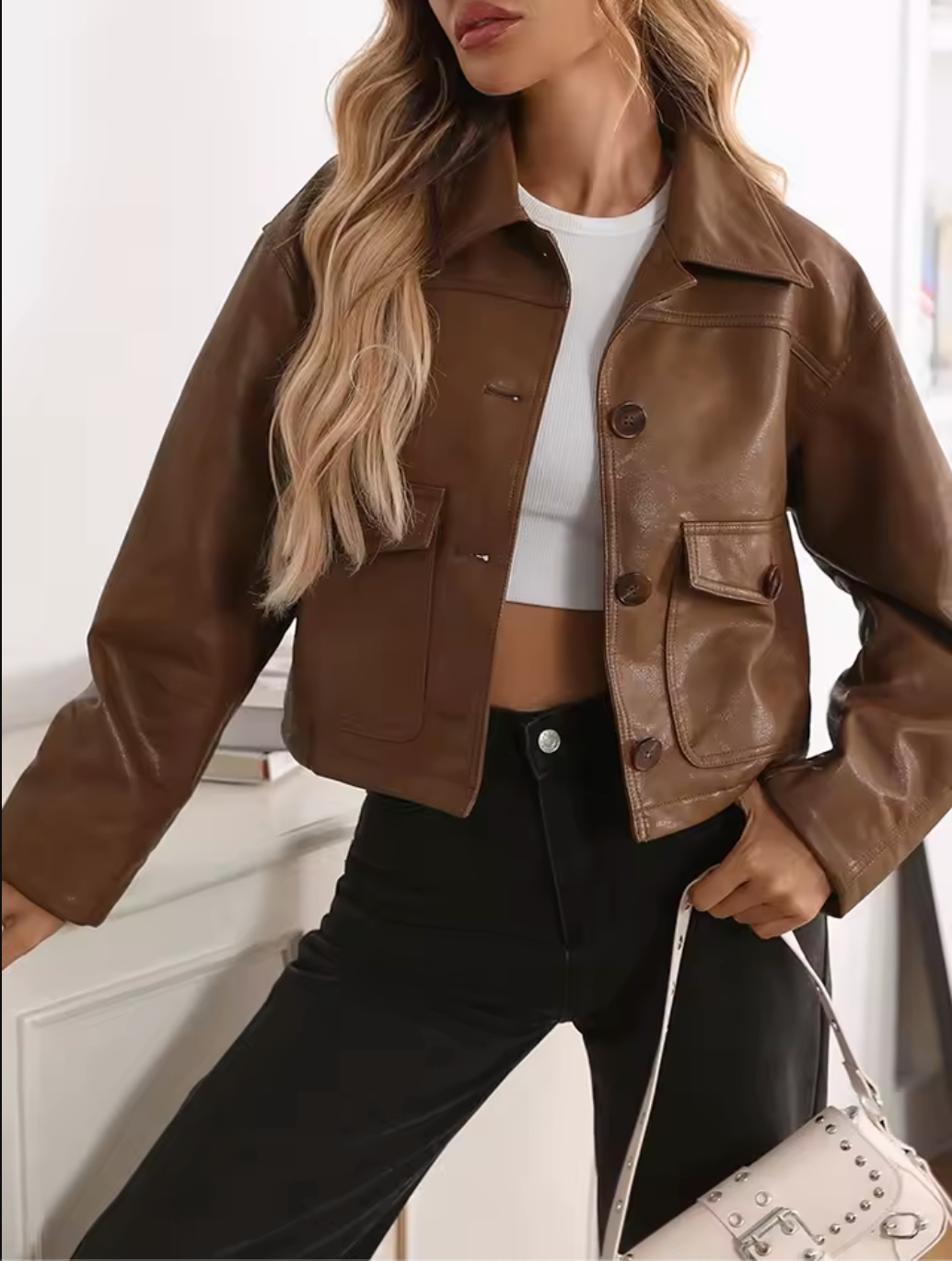 Women’s Brown Cropped Faux Leather Bomber Jacket with Flap Pockets