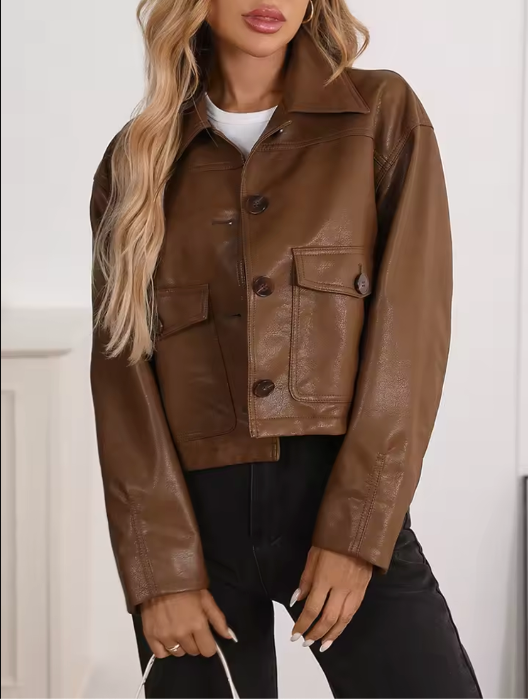 Women’s Brown Cropped Faux Leather Bomber Jacket with Flap Pockets