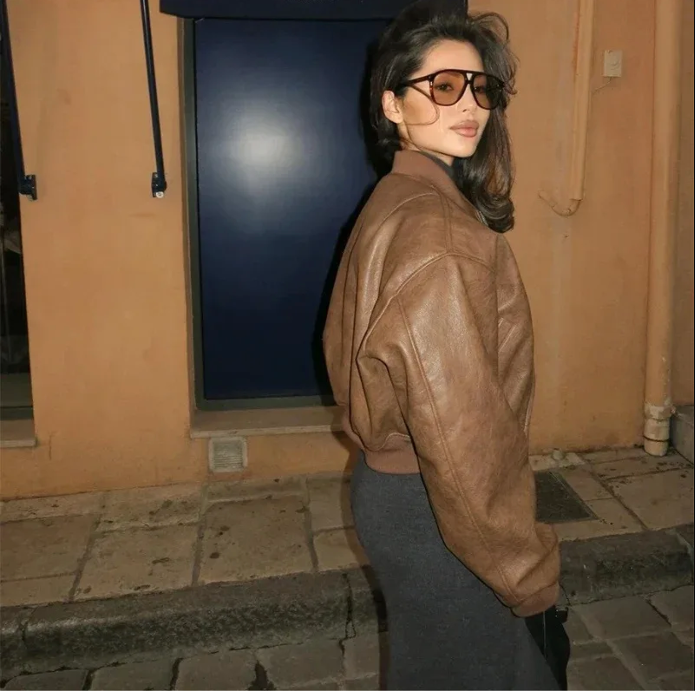 Oversized Brown Faux Leather Bomber Jacket for Women