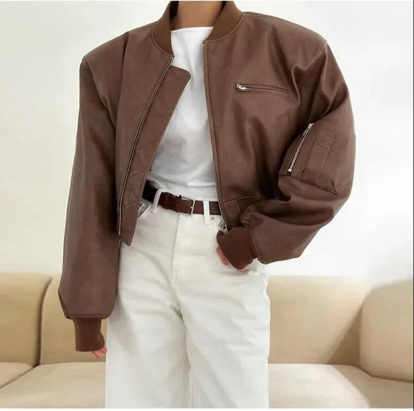 Oversized Brown Faux Leather Bomber Jacket for Women