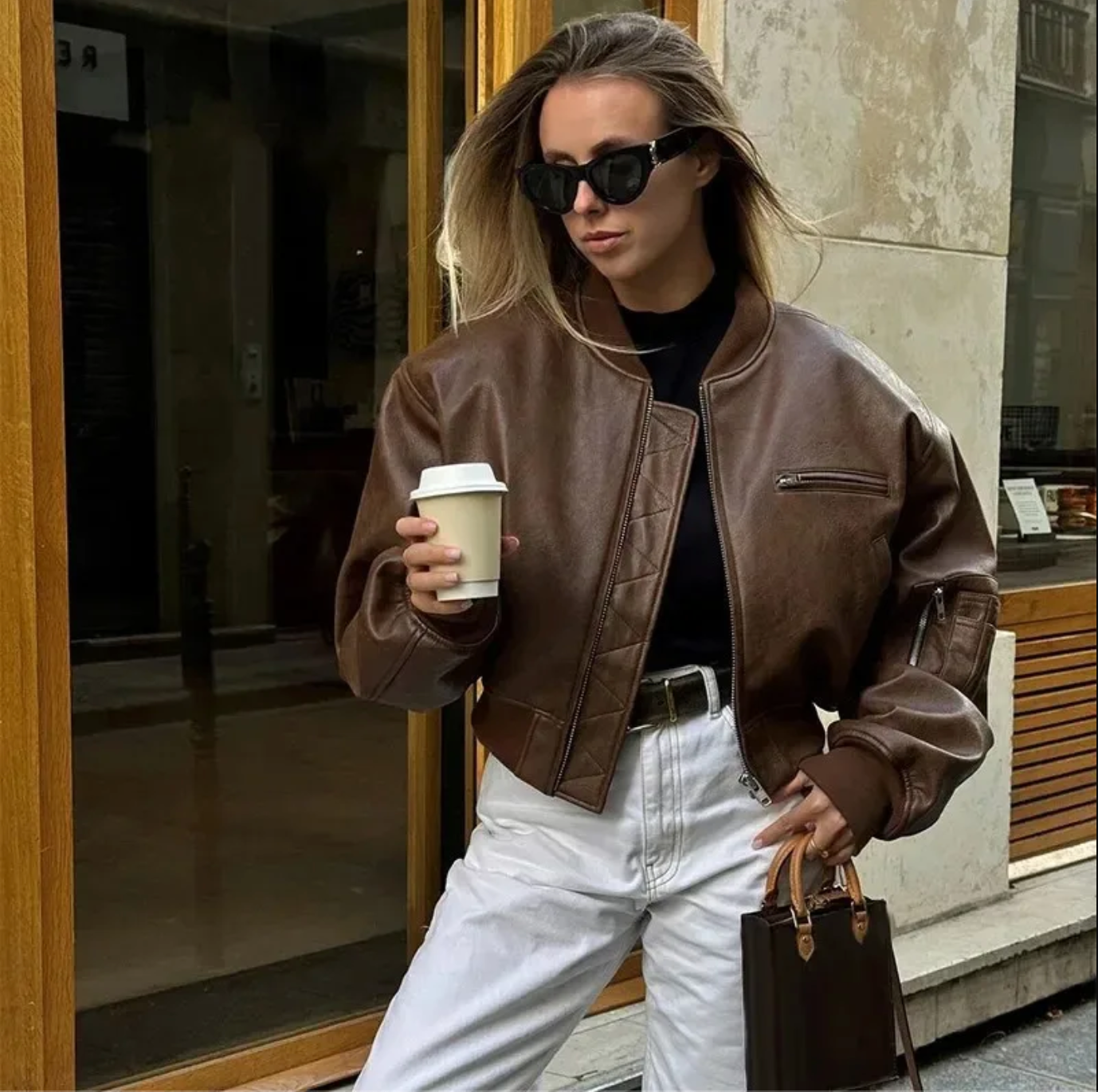 Oversized Brown Faux Leather Bomber Jacket for Women