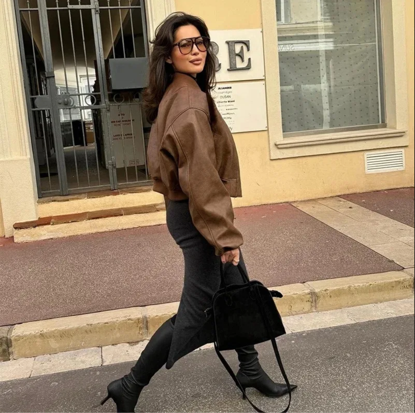 Oversized Brown Faux Leather Bomber Jacket for Women