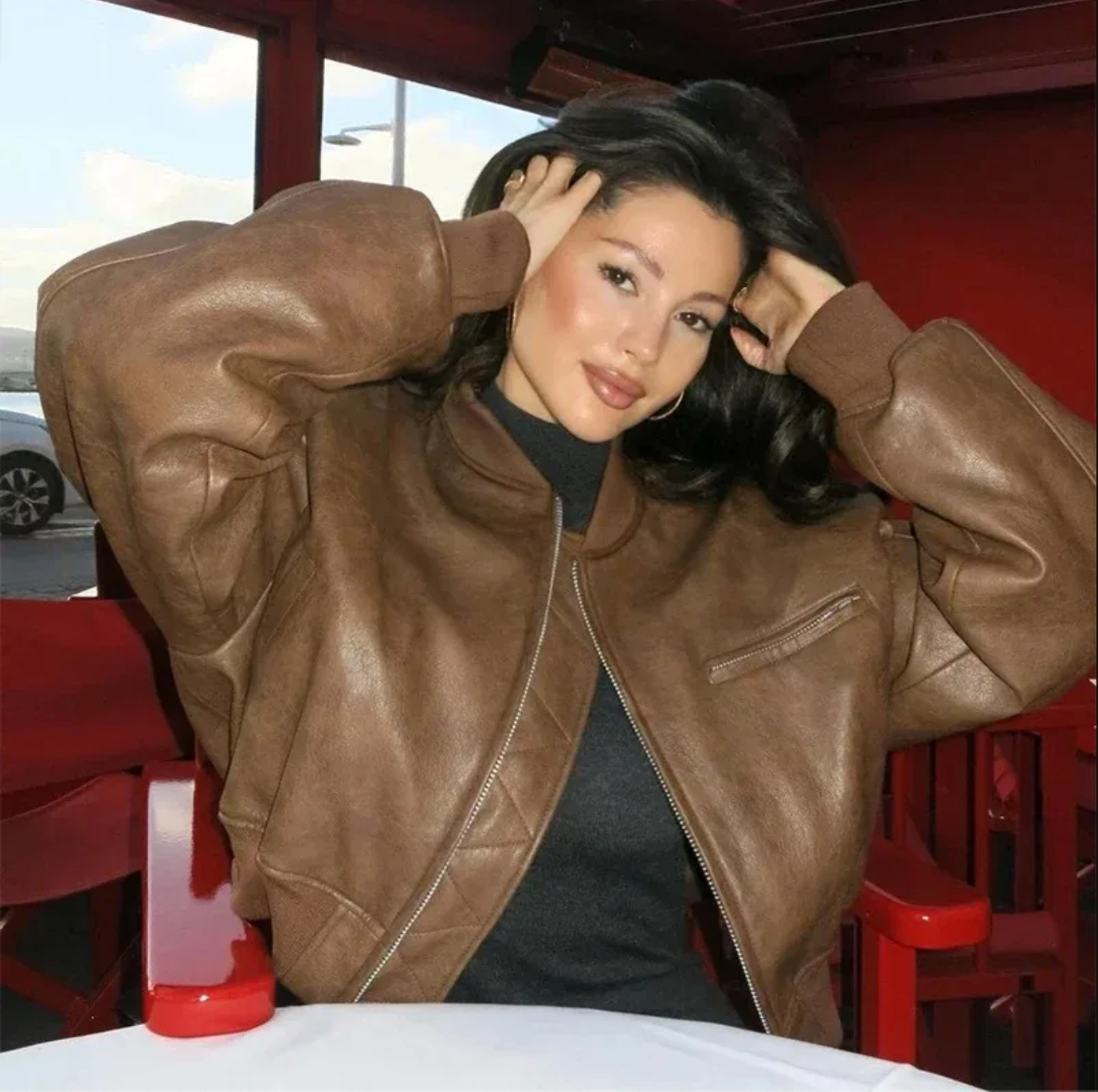 Oversized Brown Faux Leather Bomber Jacket for Women