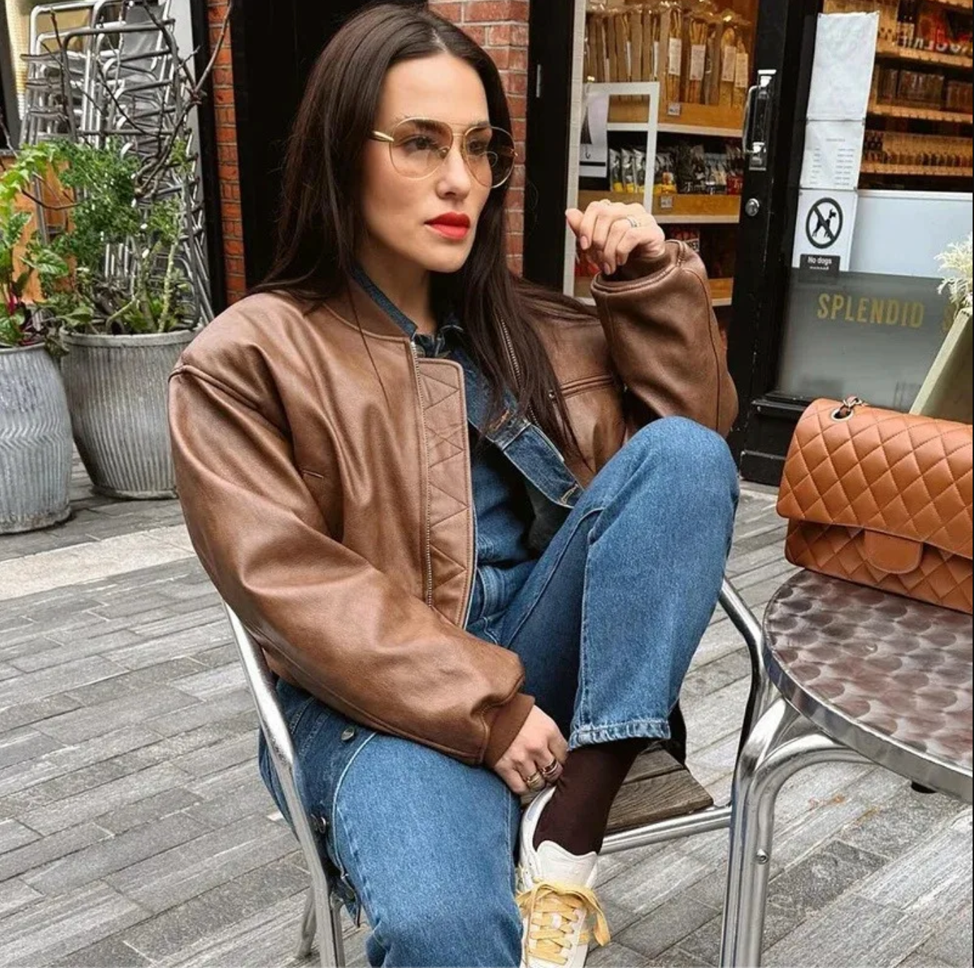 Oversized Brown Faux Leather Bomber Jacket for Women