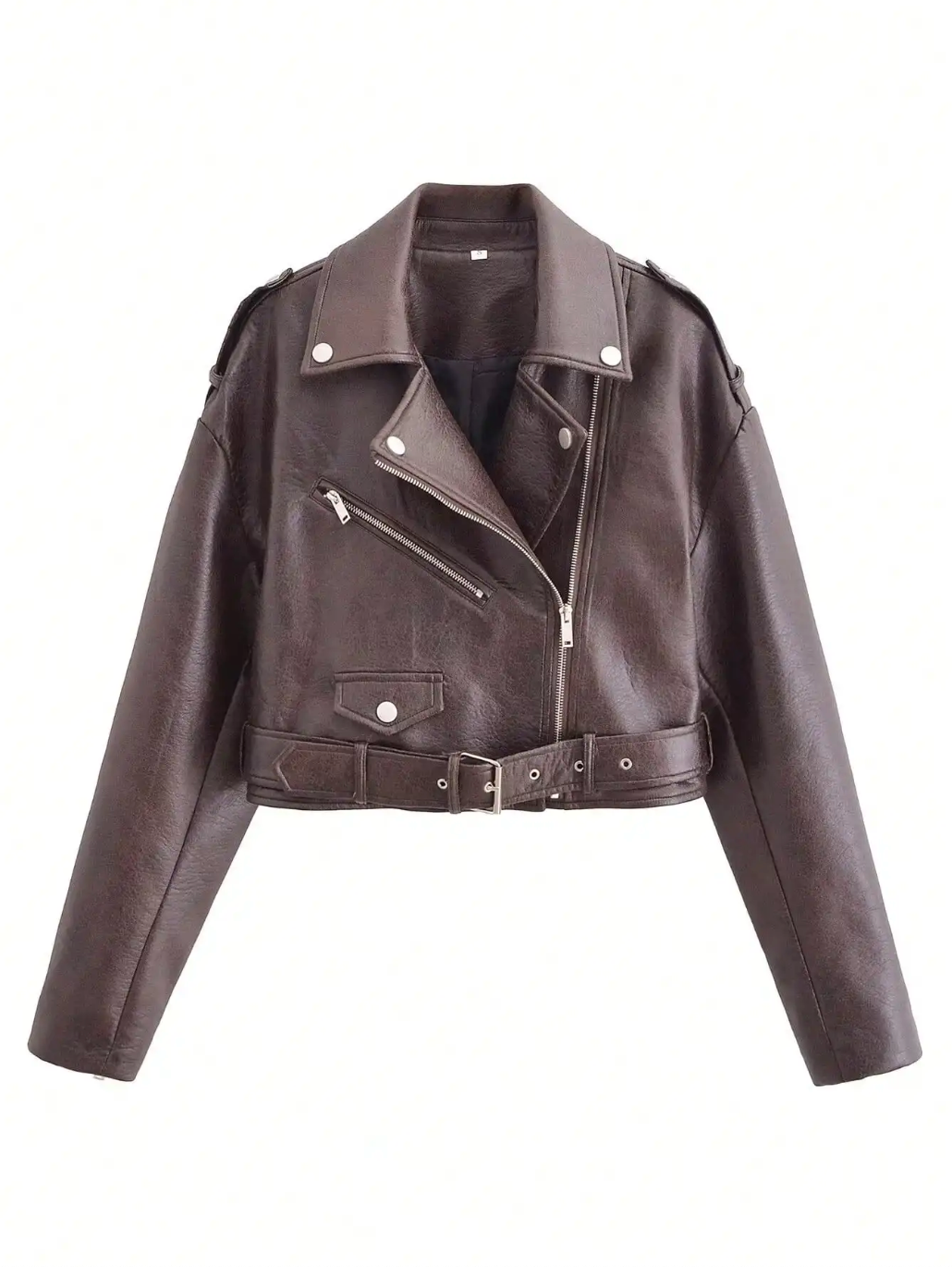 Brown Cropped Faux Leather Biker Jacket with Belt for Women