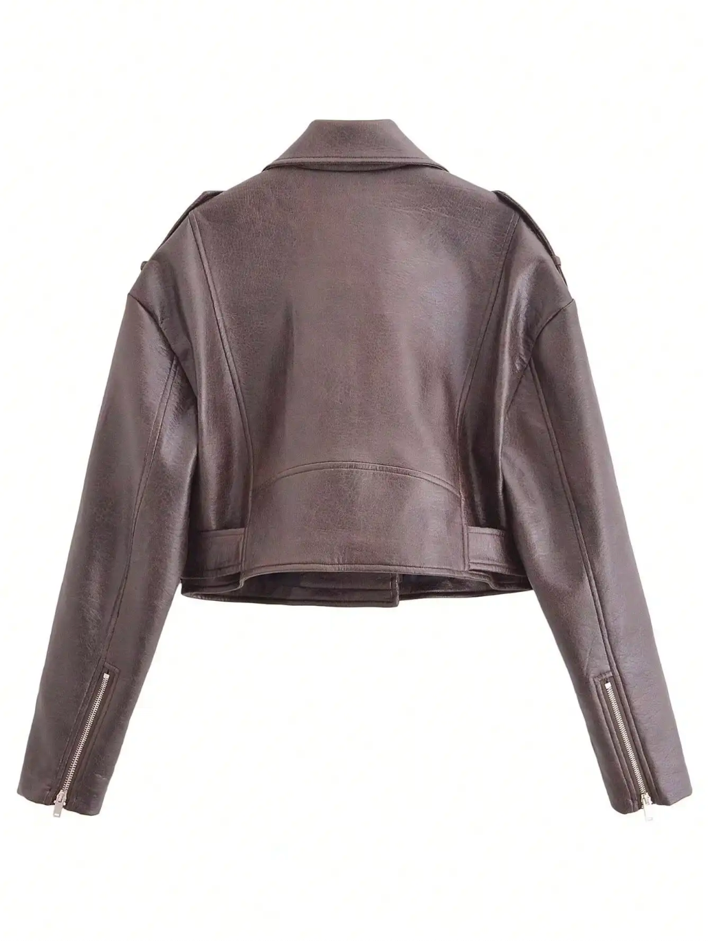 Brown Cropped Faux Leather Biker Jacket with Belt for Women