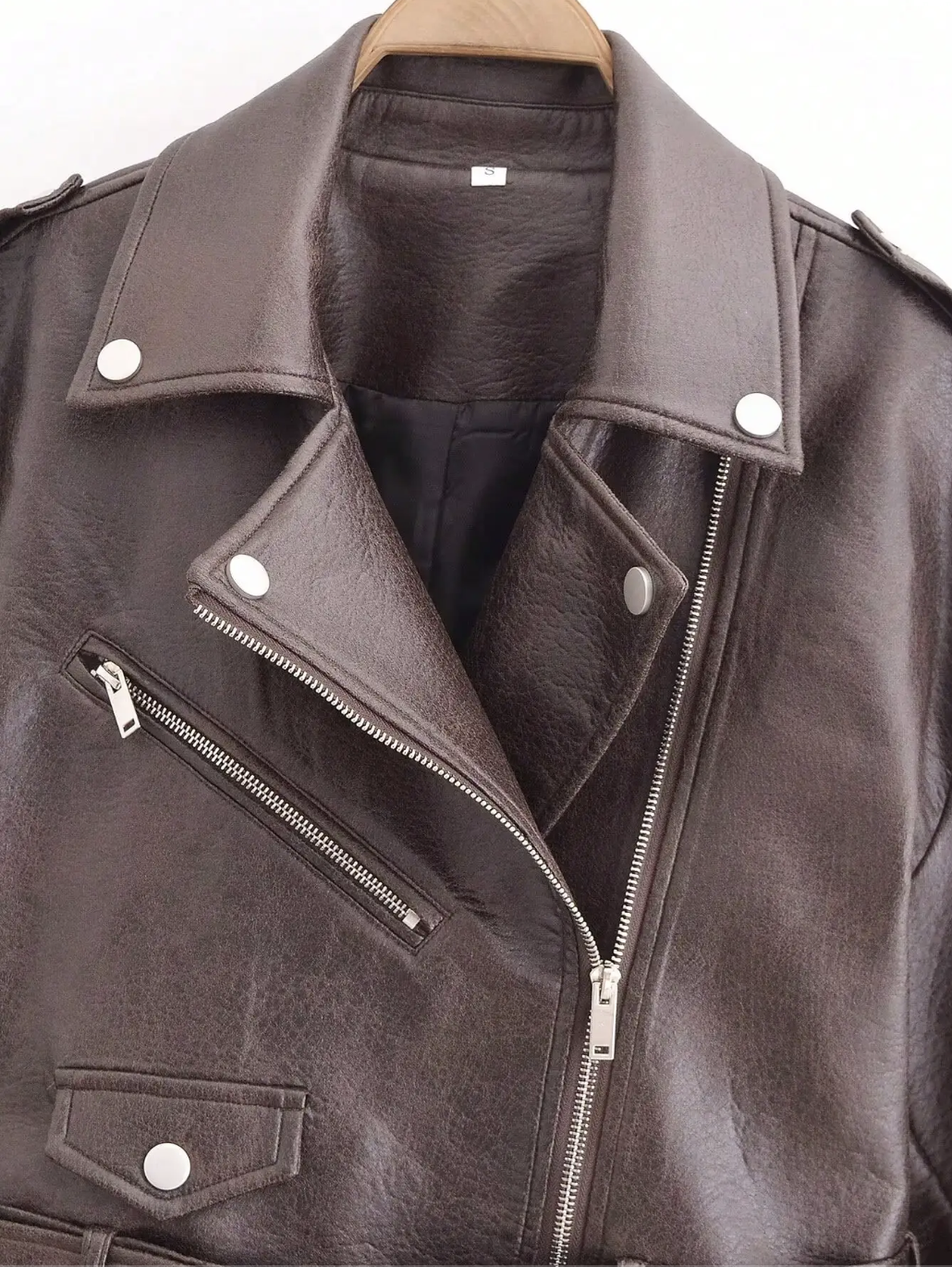 Brown Cropped Faux Leather Biker Jacket with Belt for Women