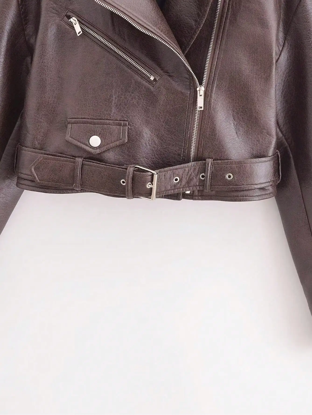 Brown Cropped Faux Leather Biker Jacket with Belt for Women