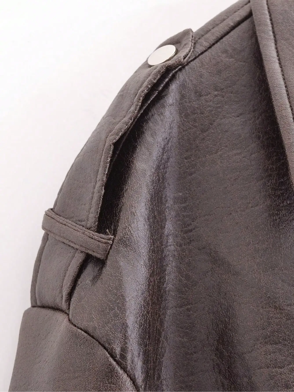 Brown Cropped Faux Leather Biker Jacket with Belt for Women
