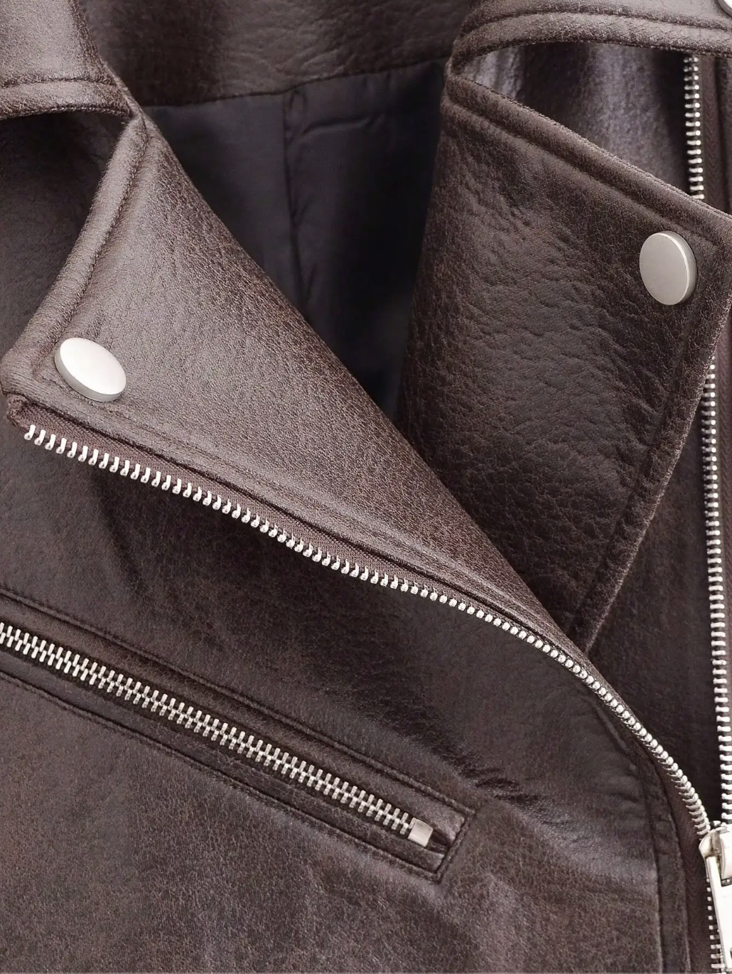 Brown Cropped Faux Leather Biker Jacket with Belt for Women