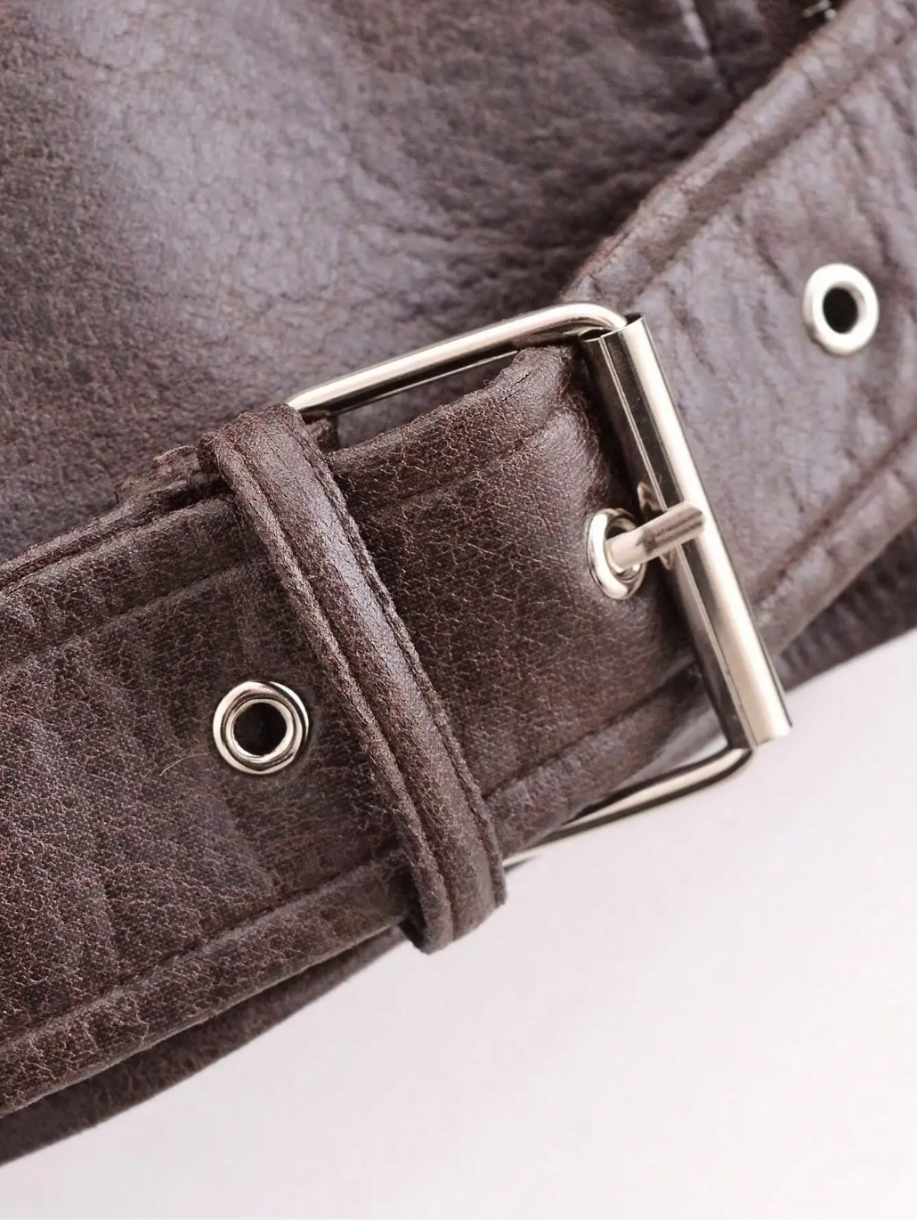 Brown Cropped Faux Leather Biker Jacket with Belt for Women