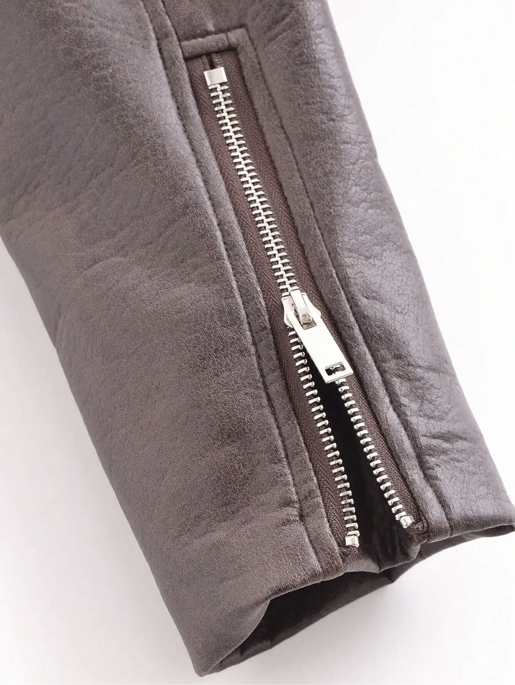 Brown Cropped Faux Leather Biker Jacket with Belt for Women