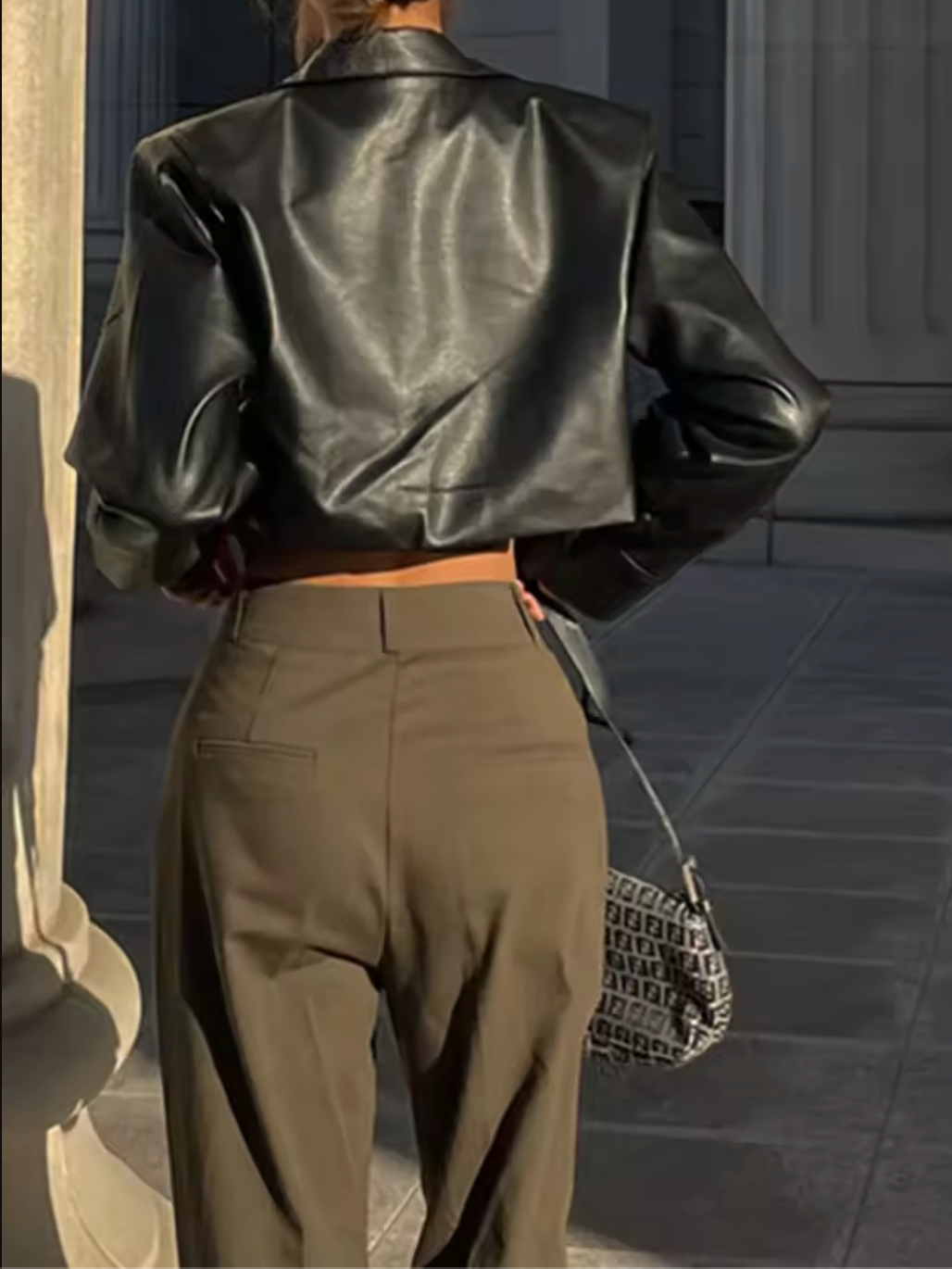 Women's Cropped Black Faux Leather Jacket Long Sleeve