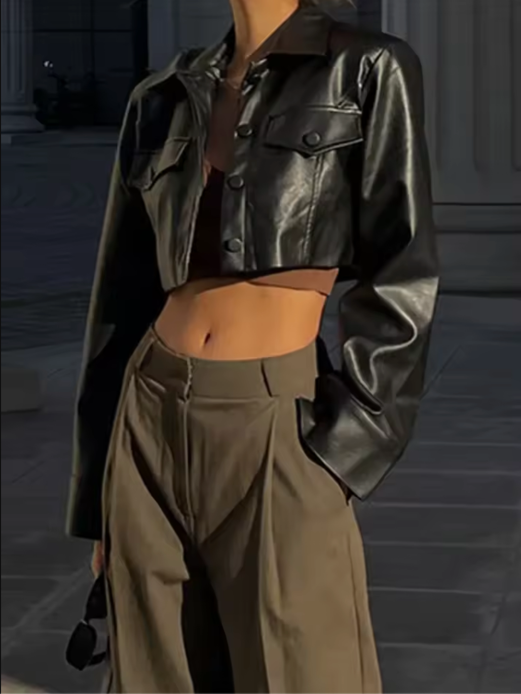 Women's Cropped Black Faux Leather Jacket Long Sleeve