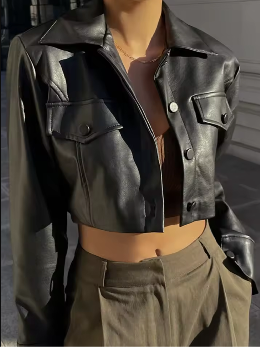 Women's Cropped Black Faux Leather Jacket Long Sleeve