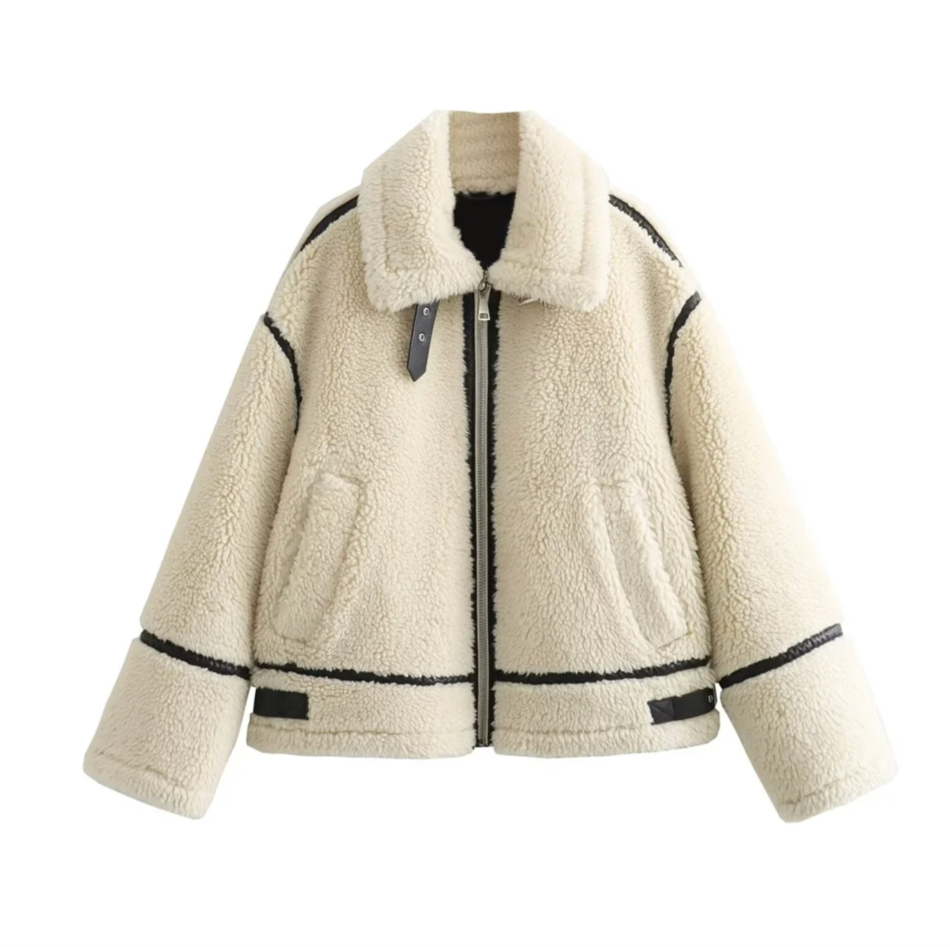 Ivory Faux Shearling Biker Jacket with Aviator Collar