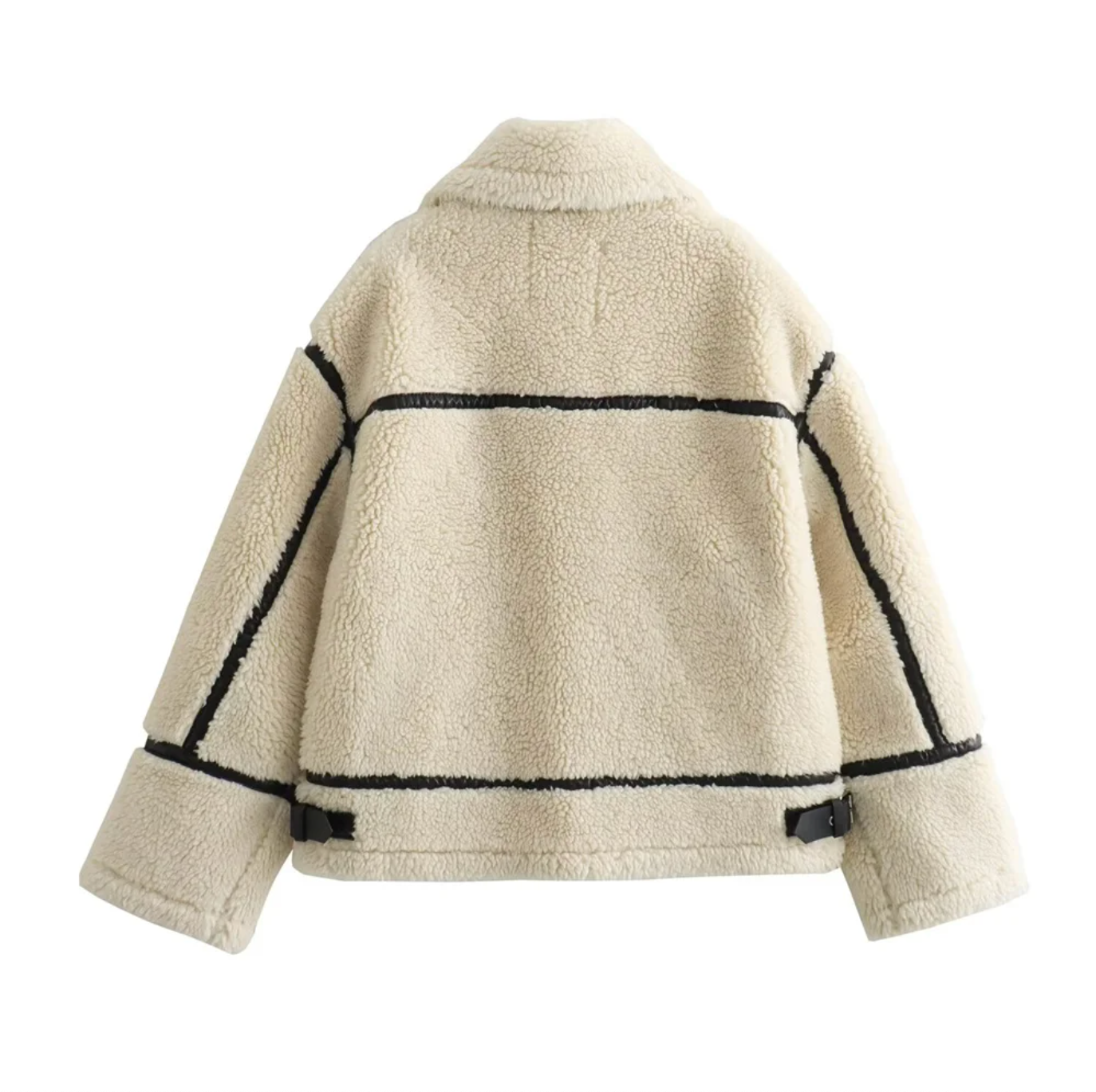 Ivory Faux Shearling Biker Jacket with Aviator Collar