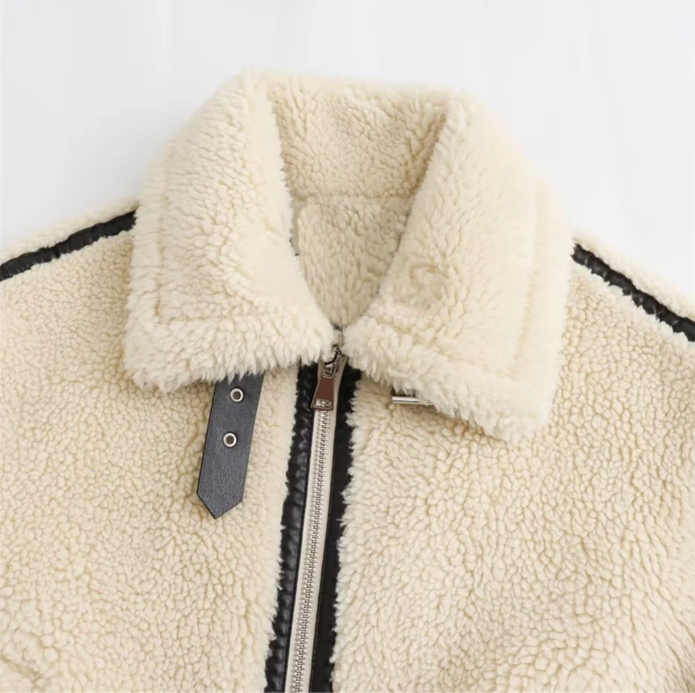 Ivory Faux Shearling Biker Jacket with Aviator Collar