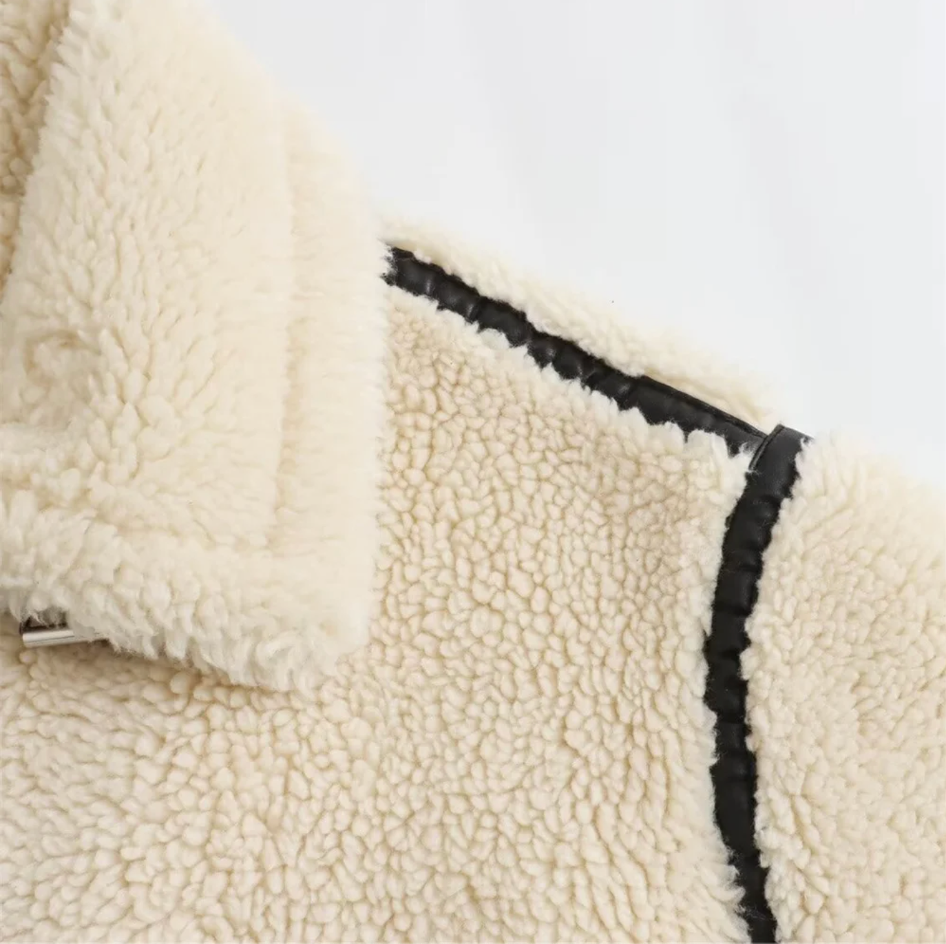 Ivory Faux Shearling Biker Jacket with Aviator Collar