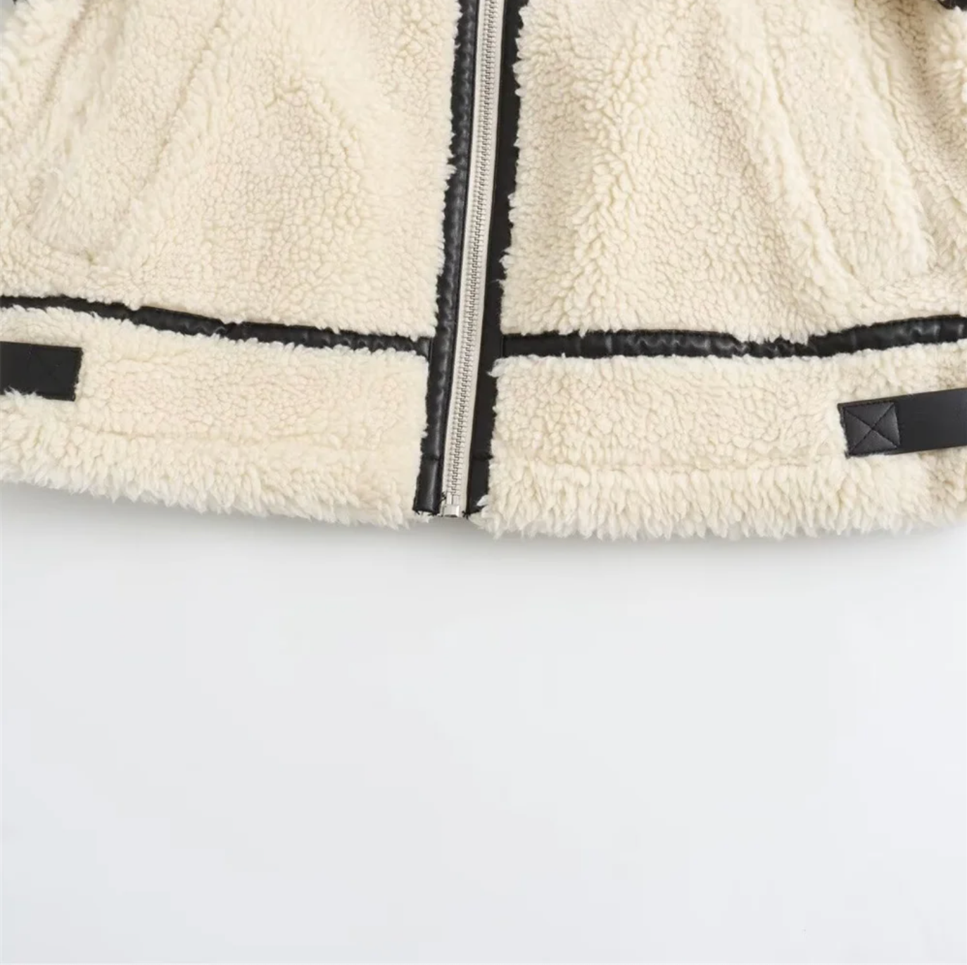 Ivory Faux Shearling Biker Jacket with Aviator Collar