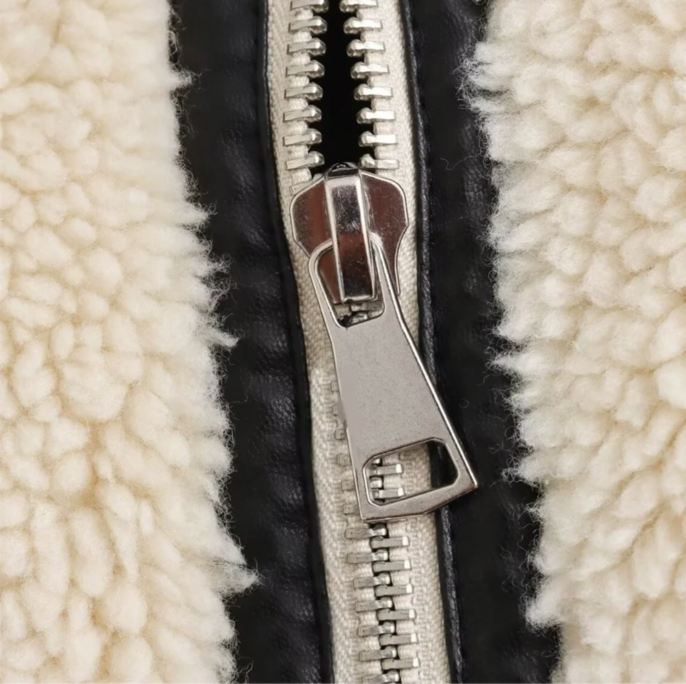 Ivory Faux Shearling Biker Jacket with Aviator Collar