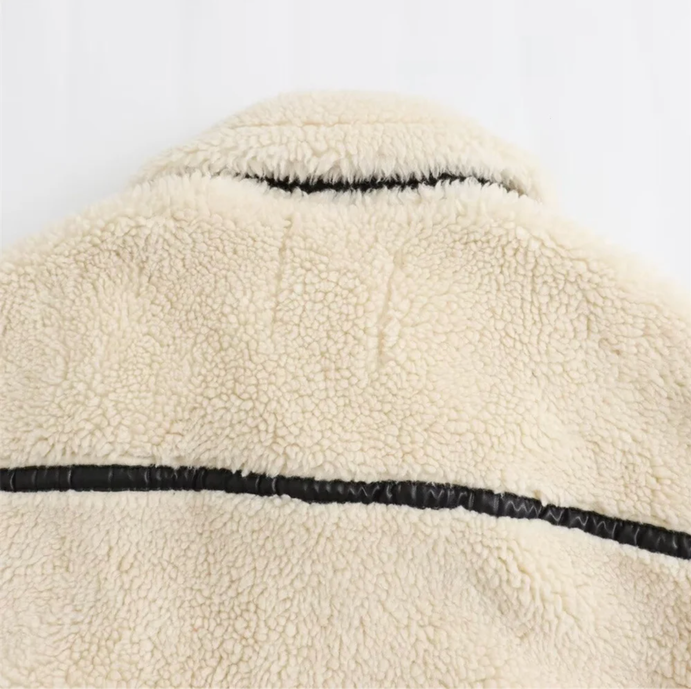 Ivory Faux Shearling Biker Jacket with Aviator Collar